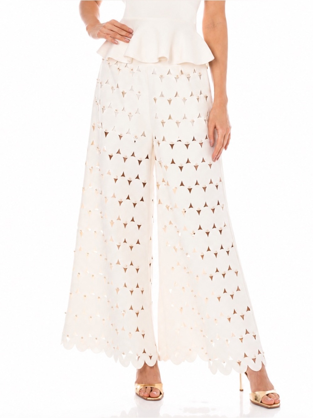 Ivory Luxe Laser Cut Wide-Leg Pants